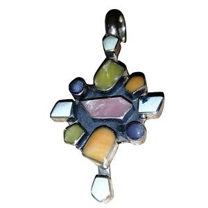 Vintage Artisan 925 Sterling Silver Pendant Inlaid with Gems